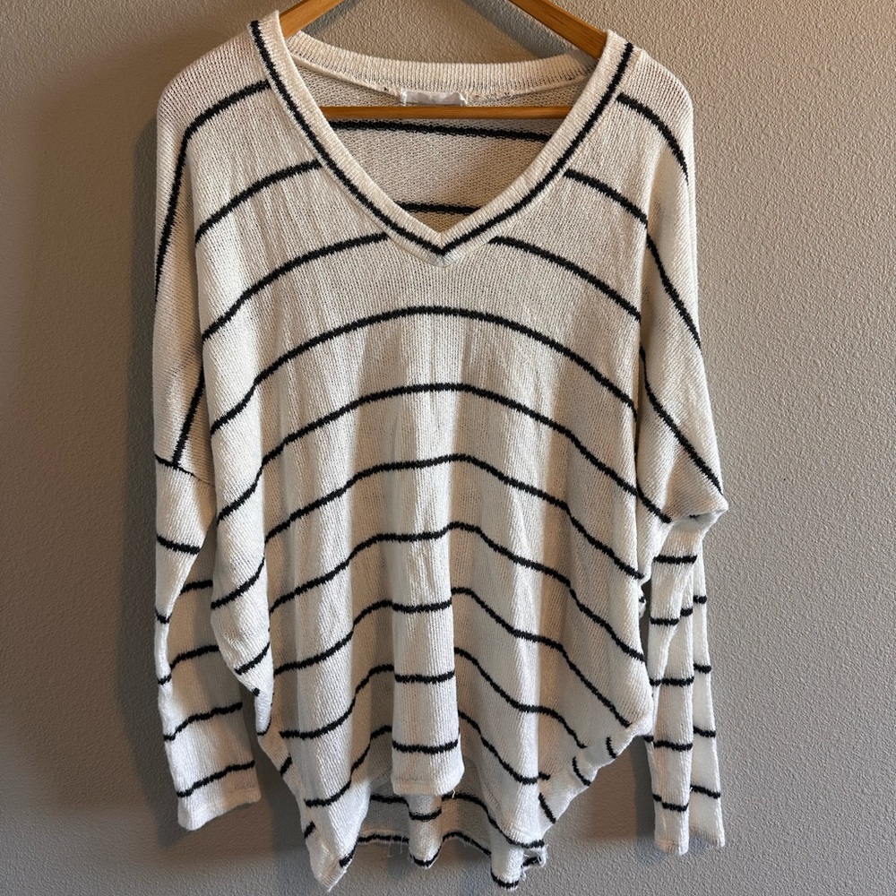Striped V-Neck Knit Sweater - White & Charcoal